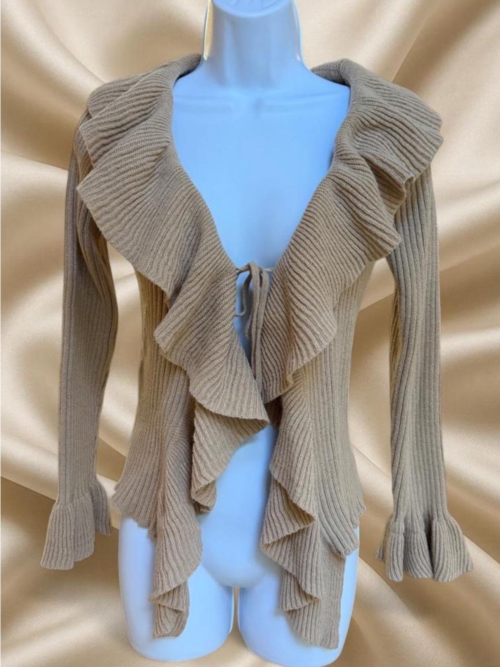 Y2K Boho Ruffle Knit Cardigan Beige Tie Front Bell Sleeve Sweater